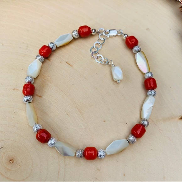Mother of Pearl and Red Coral Sterling Bracelet - Picture 8 of 8